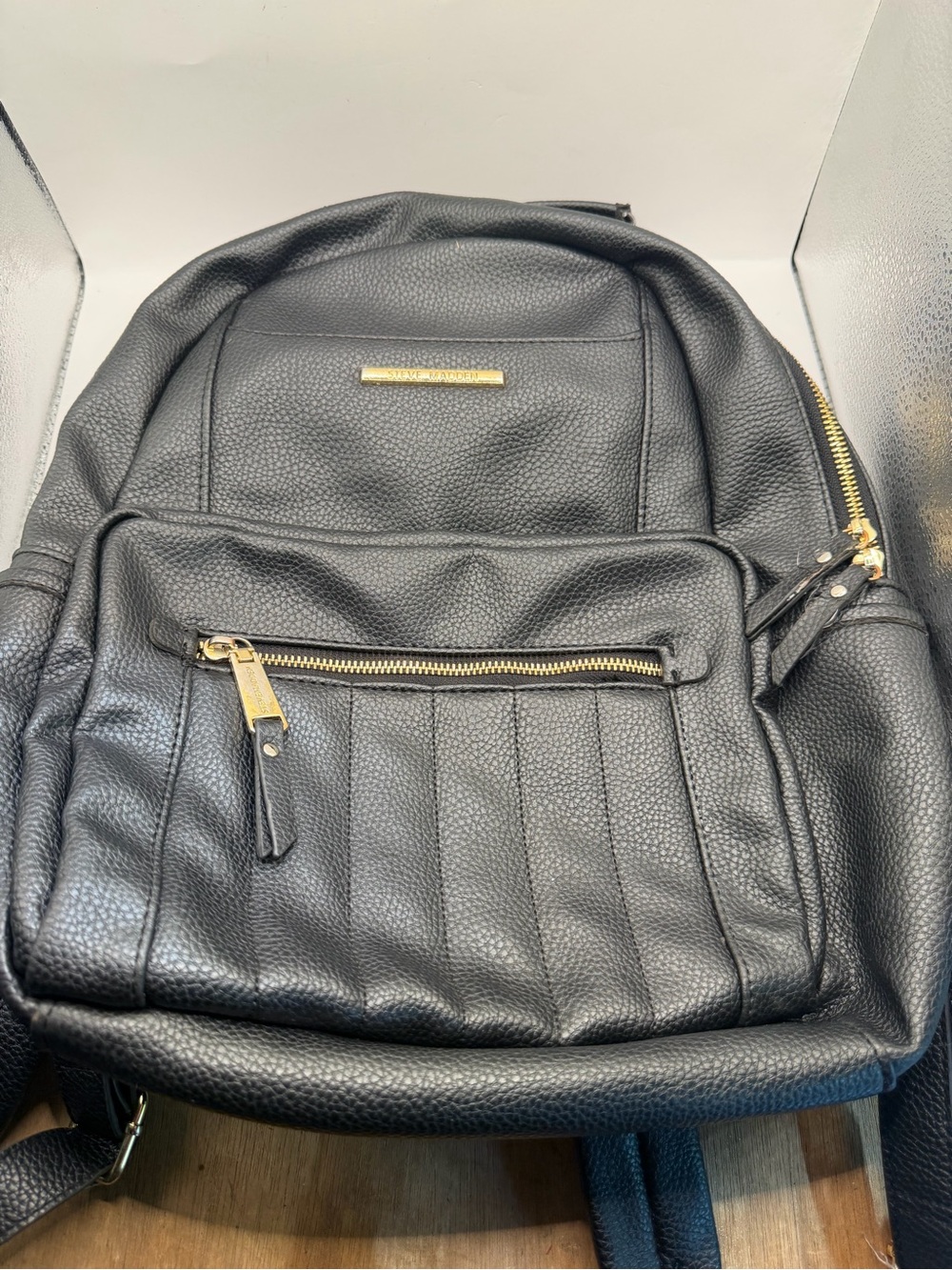 Steve Madden Black Faux Leather Backpack Gold Hardware Travel School Bag